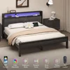 Bed Frame with Storage Headboard, Industrial Platform Bed with Charging Station and LED Lights, Heavy Duty Metal Slats 5