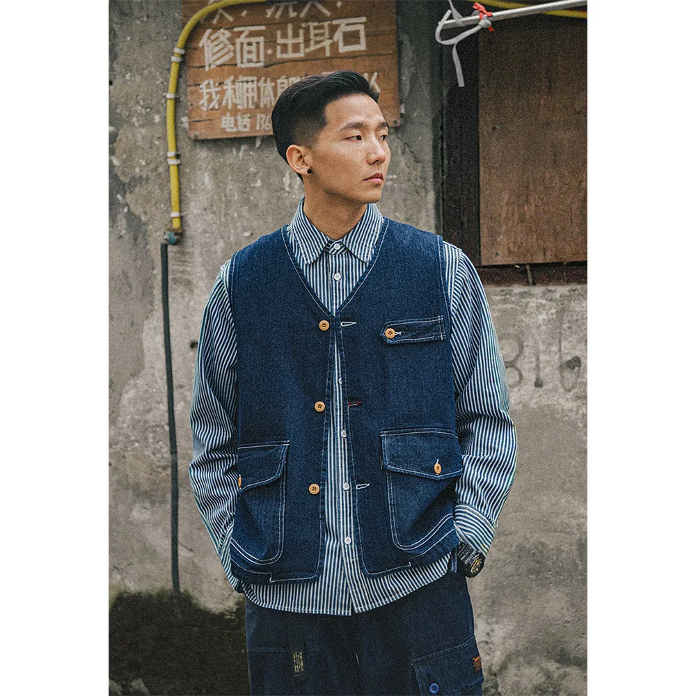 남성용 빈티지 데님 조끼, 미국 여름 얇은 멀티 포켓 민소매 조끼 재킷, 하이 스트리트 하라주쿠 블루 카고 코트, 남성 2024
