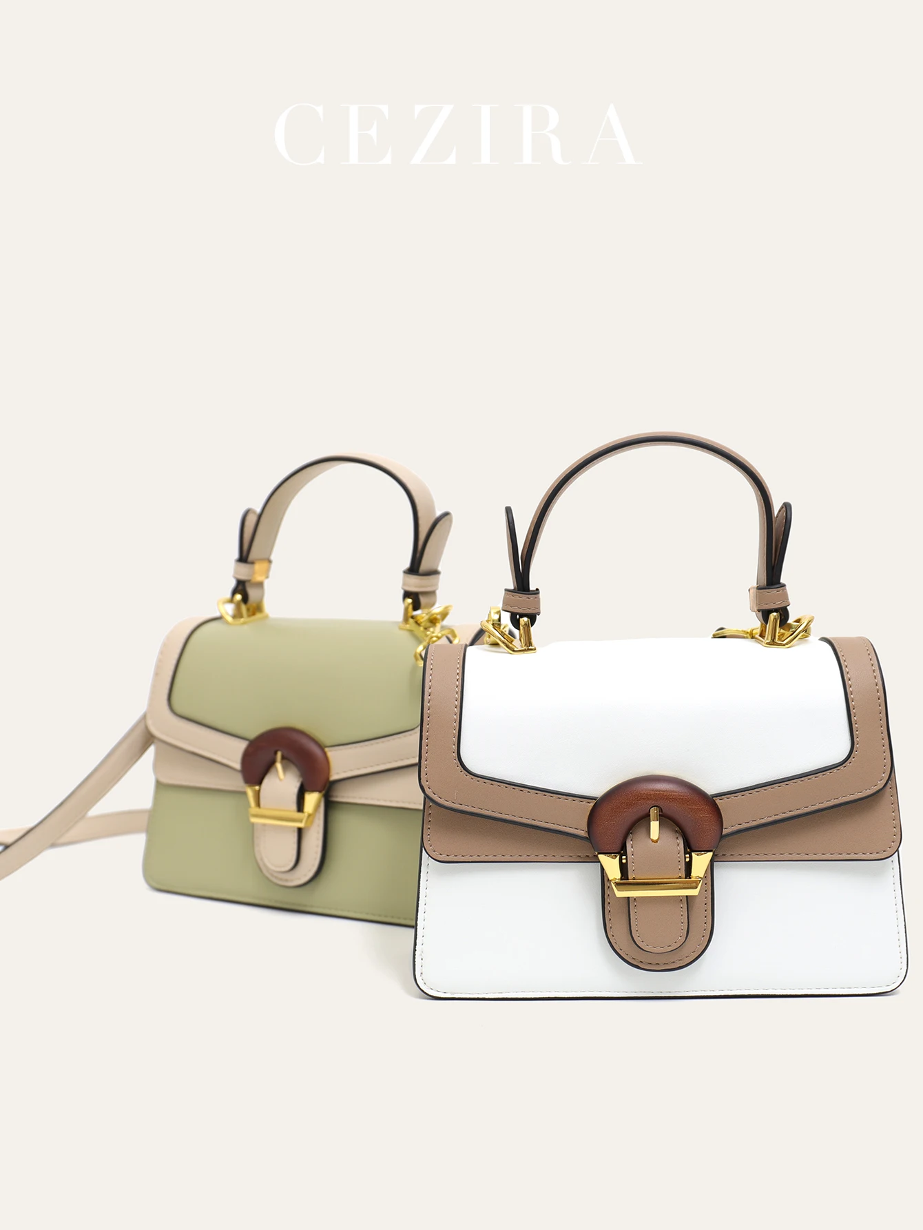 CEZIRA Contrast Color Top-handle Bag PU Leather French Style Women Flap Purse Square Multi Pockets Cross Body Shoulder Handbag