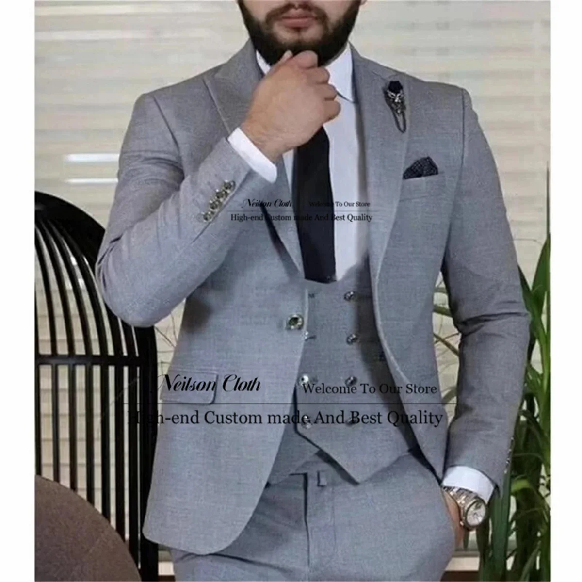 

Fashion Gray Men Suits Peaked Lapel Groom Wedding Tuxedos 3 Pieces Sets Business Male Prom Blazers Slim Fit Terno Masculino