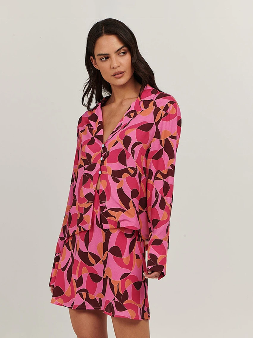 Marthaqiqi Loose Women Nightwear Suit Long Sleeve Pajamas Sexy Turn-Down Collar Sleepwear Shorts Fashion Printing Nightgowns Set