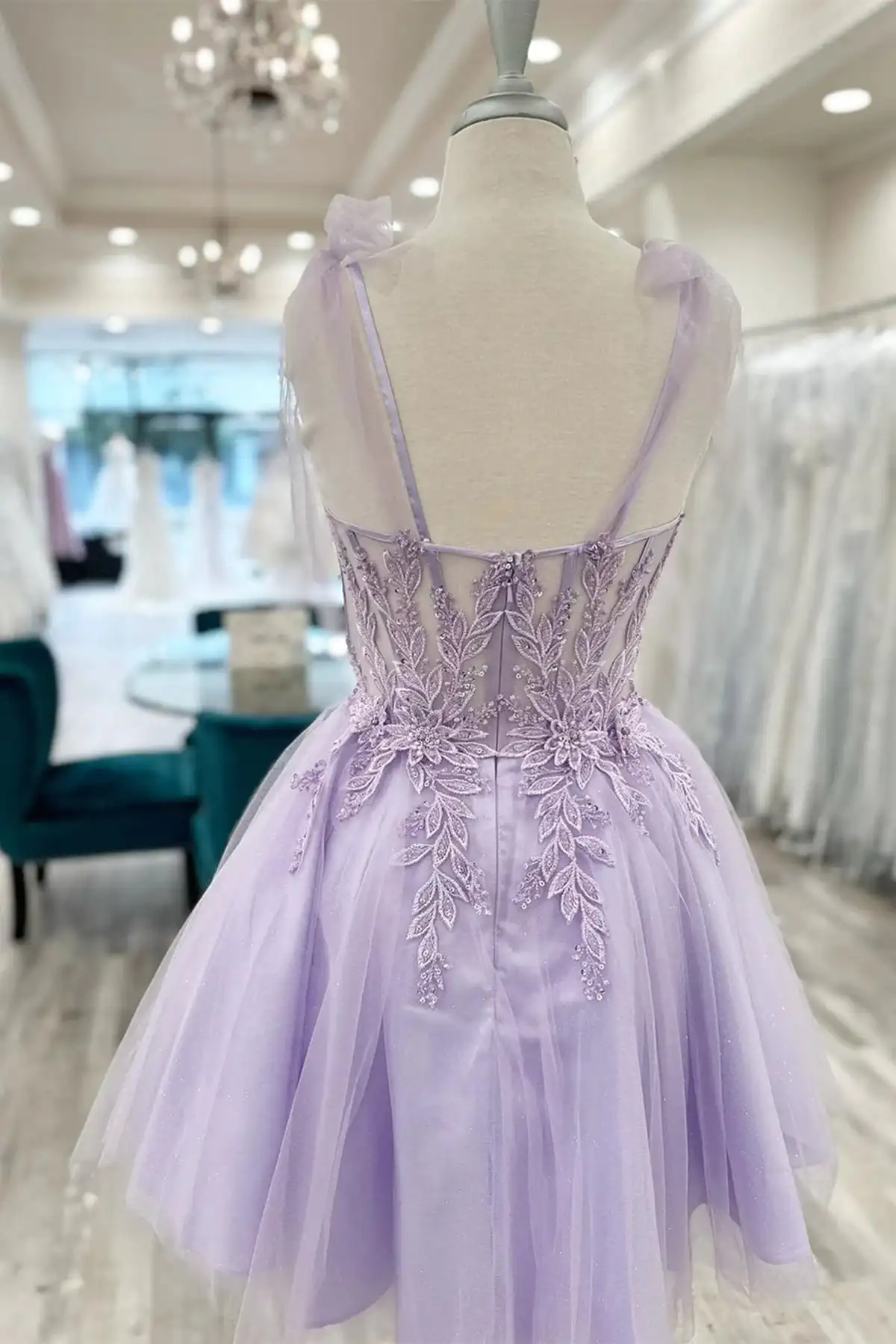 Homecoming Dress For Juniors - Tulle Beaded Mini Skirt, Lace Appliques, Deep V-Neck, Backless, Tea Length