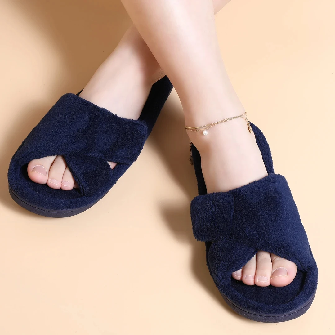 

1056 Slippers Soft Sloe Open Toe Memory Foam Non-slip House Plush Slippers Adjustable Terry Cloth Indoor Sandals