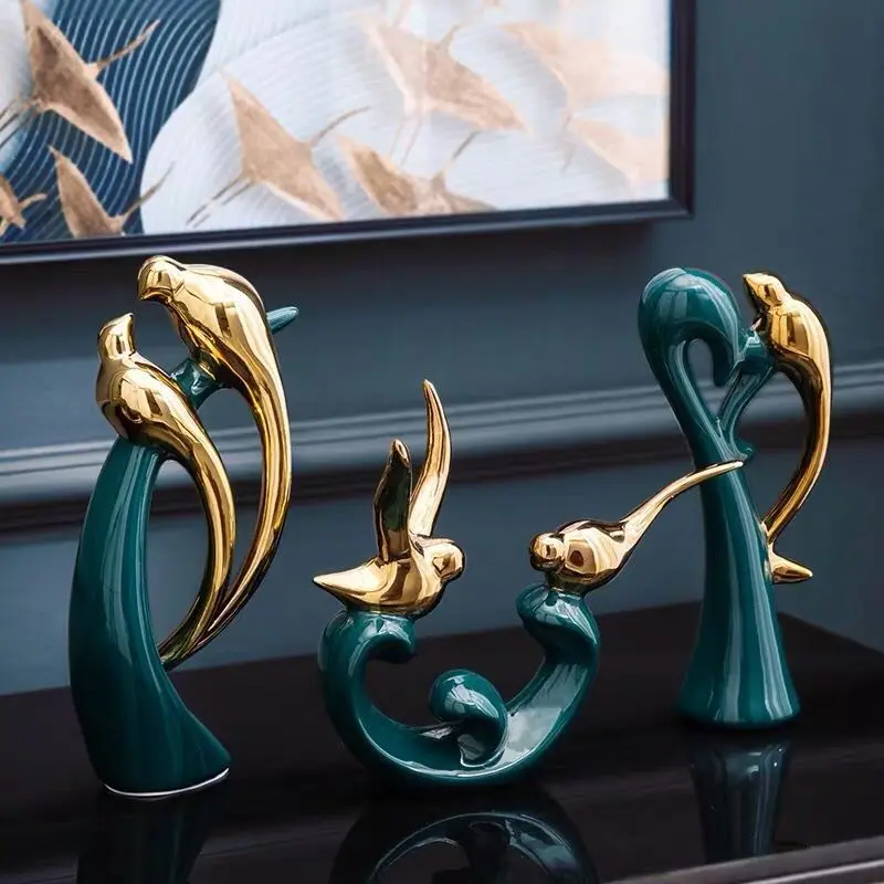 

Creative Desktop Ornament Nordic Light Luxury Living Room Office Home Decoration Green Ceramic Bird Statue Sculpture Couple Gift