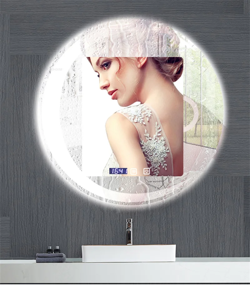 Description Picture 6 of itemModern Intelligent Bath Mirrors Home Touch Screen Bathroom Mirrors Wall Hanging Moon Shaped Round Makeup Mirror with Led Light