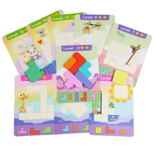 Wooden Educational Puzzle Toy, Wooden 7 Colored Building Blocks & 9 Double-sided Challenge Cards, Exercise Thinking Ability Game 5