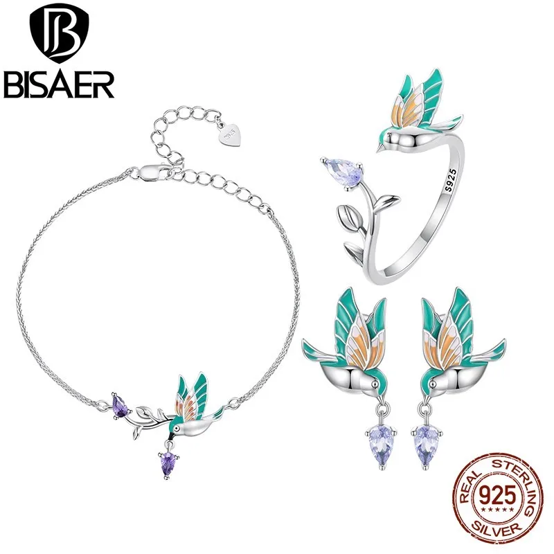 BISAER 100%  킹피셔 쥬얼리 세트, 새 팔찌, 오픈 링 스터드 귀걸이, 보..