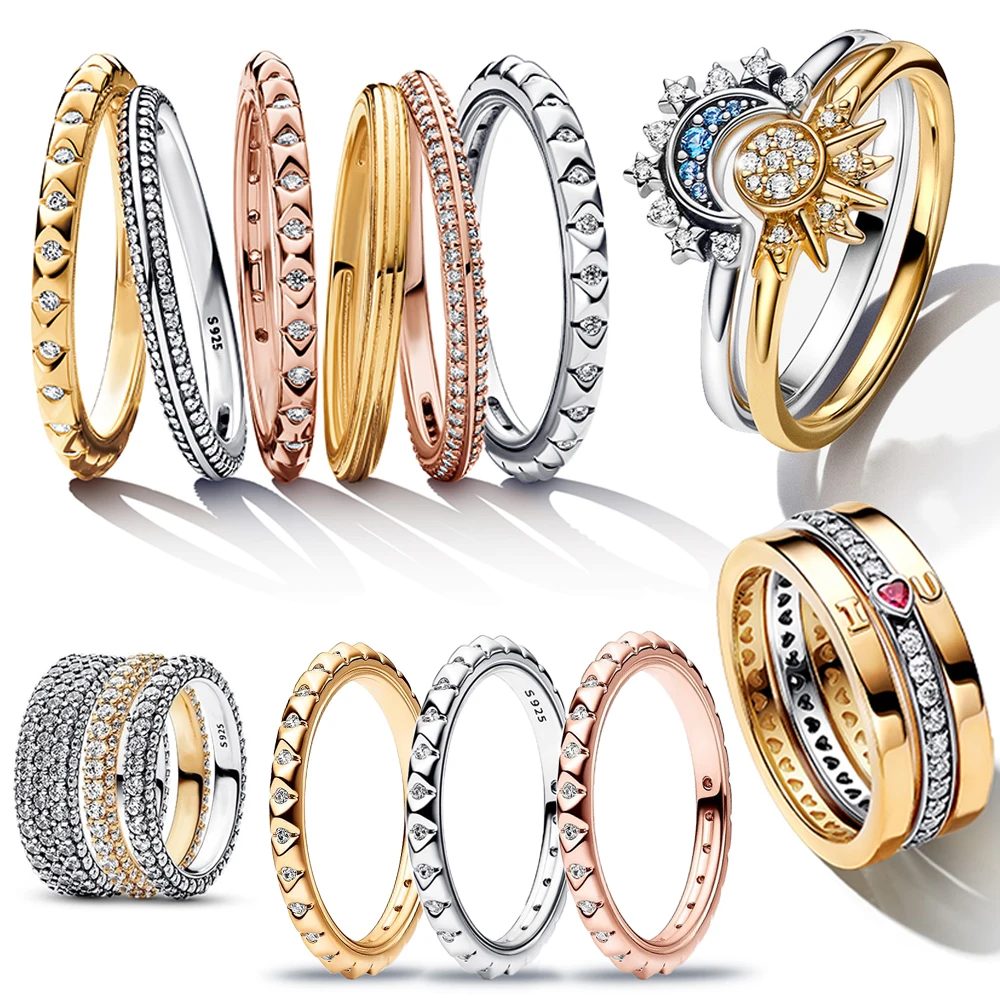 

2023 New 925 Sterling Silver 14K Gold Sun Moon Elevated Red Heart Ring for Women Silver Finger Ring DIY Silver Jewelry