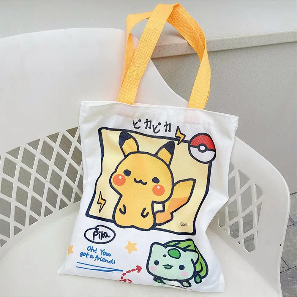 Shoulder Bags Anime Pokemon Pikachu Canvas Psyduck Squirtle Ladies Casual Handbag Reusable Large Capacity Women Shopping Bag TOY