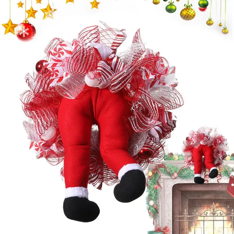 

Christmas Wreaths for Front Door Christmas Decoration Outdoor New Year Decor Santa Costume Leg Ornaments Wreath with Red Ribbon