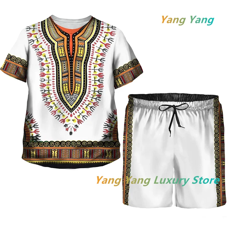 African Print Tracksuit Men/Kids Fashion T-shirts Suit Casual Shorts/Vintage Top Sport And Leisure Summer Clothes Set 6