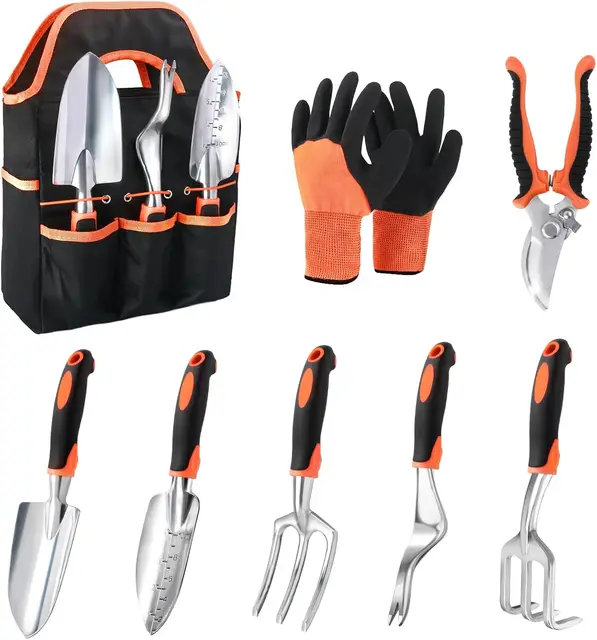 8 Piece Garden Tools Set with Non Slip Ergonomic Handle, Heavy Duty Gardening Kit with Storage Bag for Women and Men, Orange