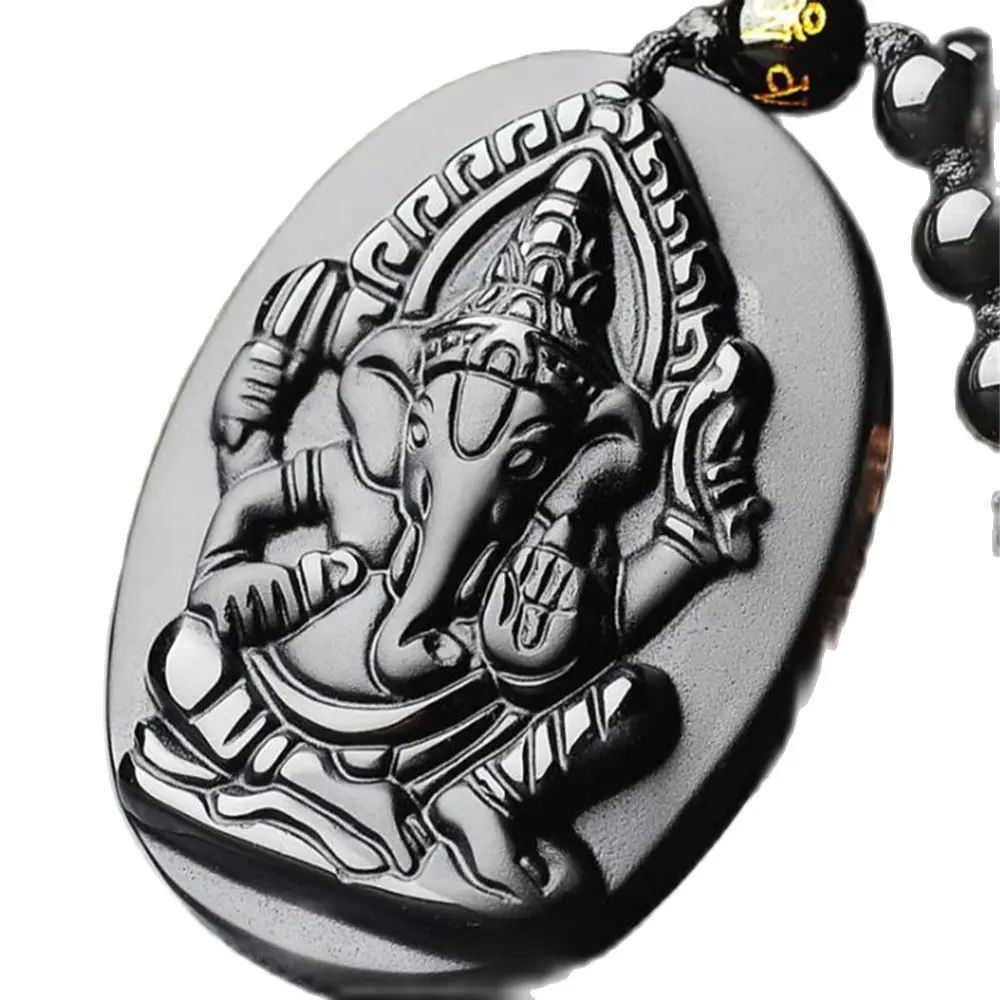 Beautiful Handwork Natural Black Obsidian Carved Elephant Nose Buddha God of Wealth Lucky Pendant + Beads Necklace Gift Jewelry