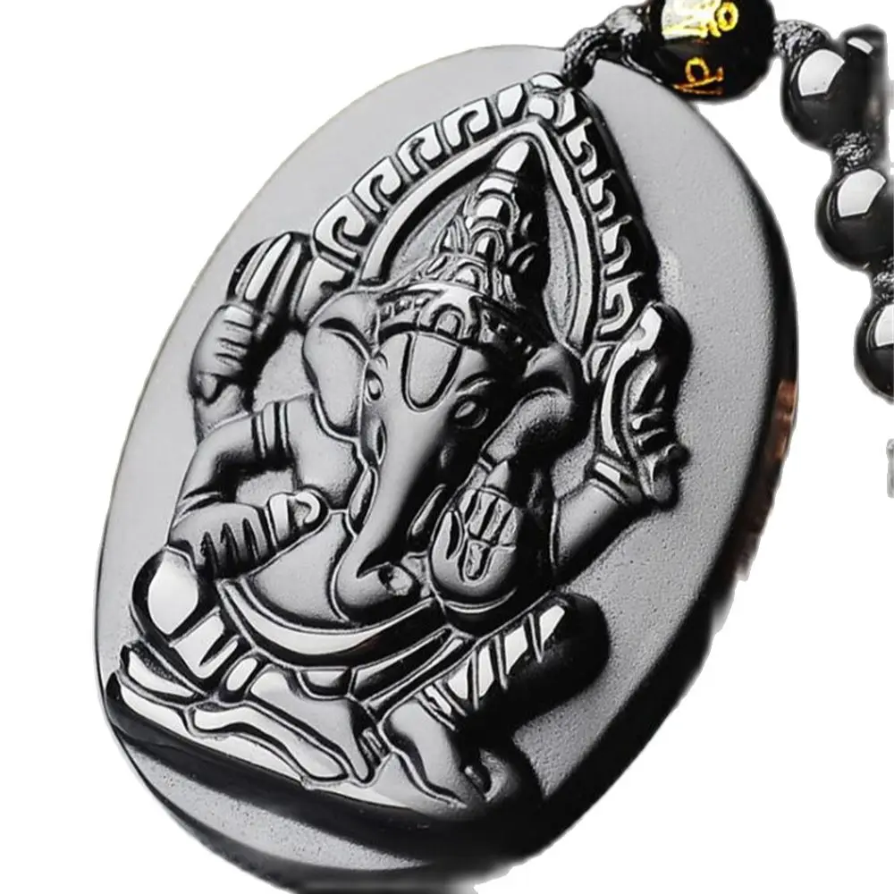 Pendant Necklace Beautiful Handwork Natural Black Obsidian Carved Elephant Nose Buddha God of Wealth Lucky Pendant + Beads Necklace Gift Jewelry