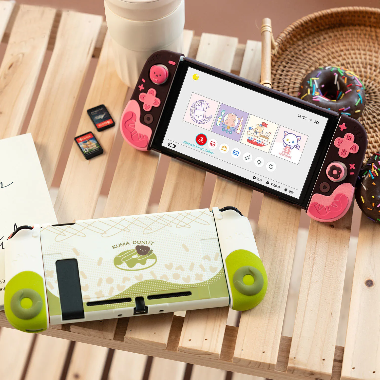 Cute Donut Hard Case Protector Skin Per Nintendo Switch/Ns Oled Joy-Con Tpu Soft Hand Grip Shell Silicone Thumb Stick Cover Cap