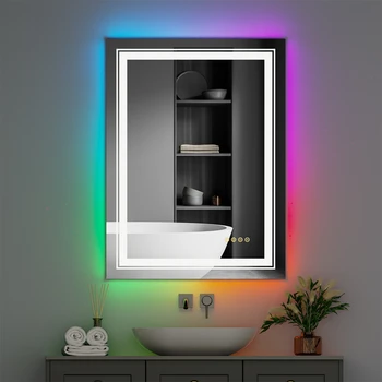 Large Full Size RGB LED Bathroom Mirror with Lights Vanity Wall Mirrors Dimmable Smart Anti-Fog Vertical/Horizontal 2
