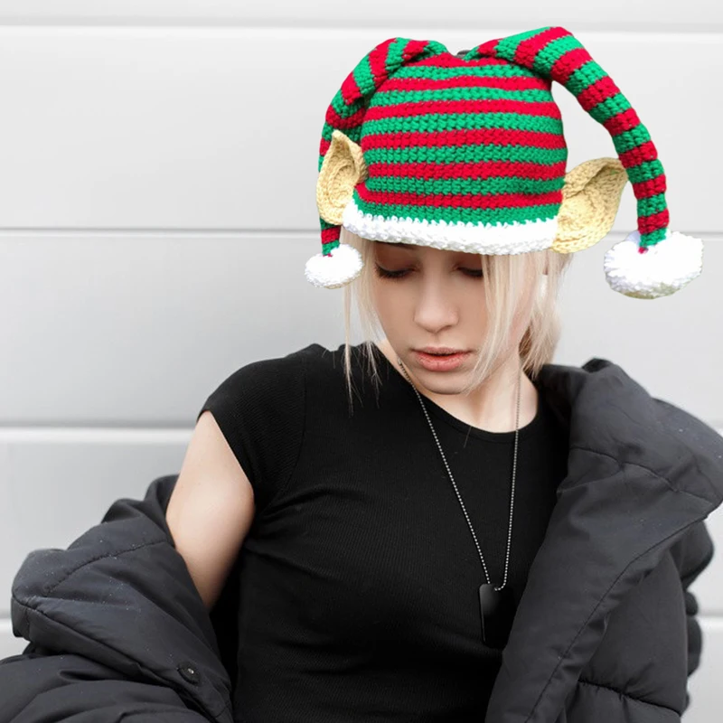 

Шапки Санта-Клауса для взрослых и детей, Рождественская шапка, красная, зеленая полоса, вязаная шапка с ушками эльфов, головные уборы Санта-Клауса, головной убор эльфа для вечеринки