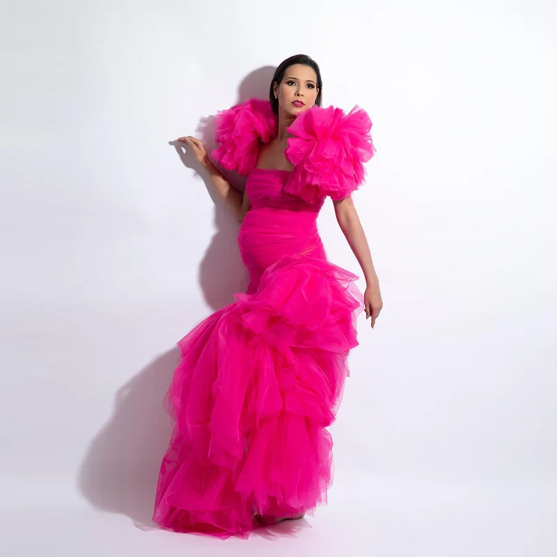 

Hot Pink Puffy Ruffled Sleeve Long Tulle Maternity Gowns Grossesse Ruffles Pleated Floor Length Pregnant Mermaid Dress Custom