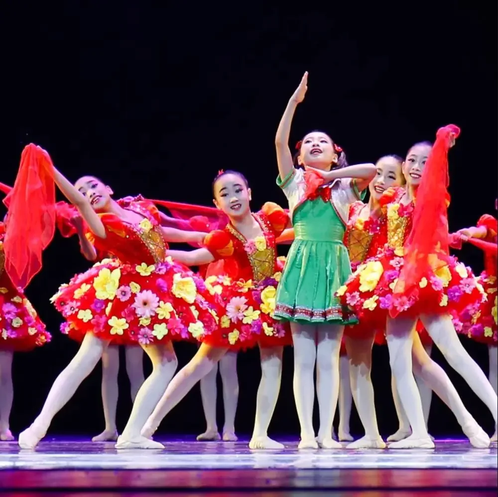 

New Kids Red Flower Ballroom Clothing Sequined Modern Dance Tutu Dress Girls Jazz Dance Costume Stage Wear Princess Dresses