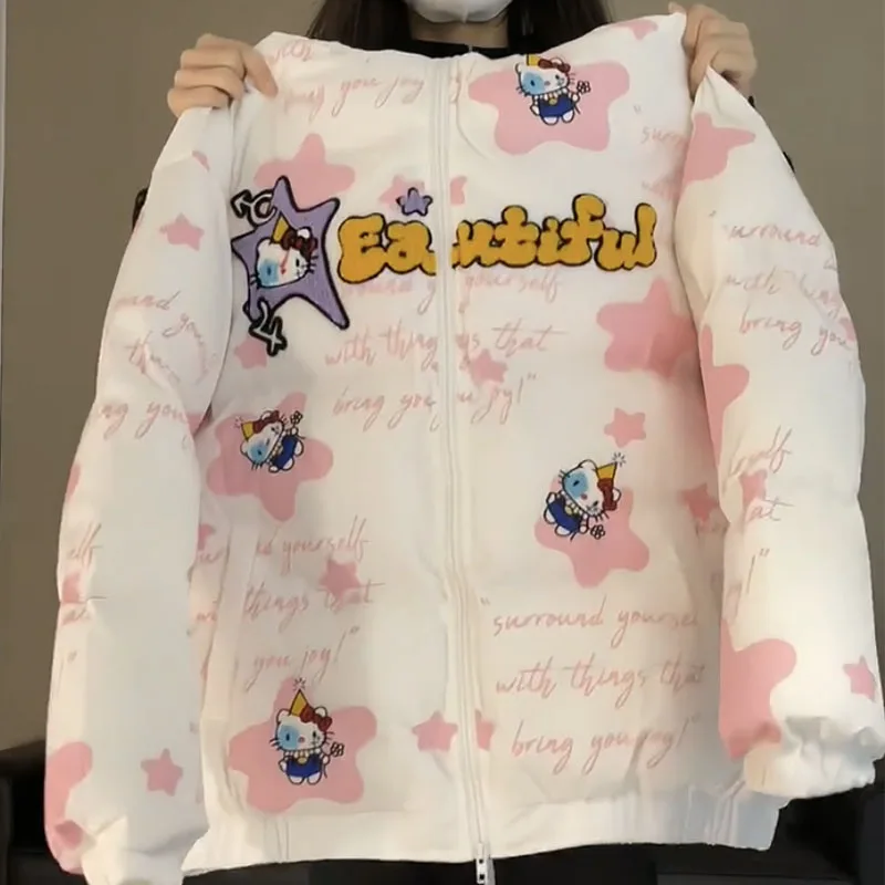 

Kawaii Sanrioed Hellokittyed Cute Cartoon Loose and Versatile Stand Up Collar Coat for Autumn and Winter Girls Warm Cotton Top