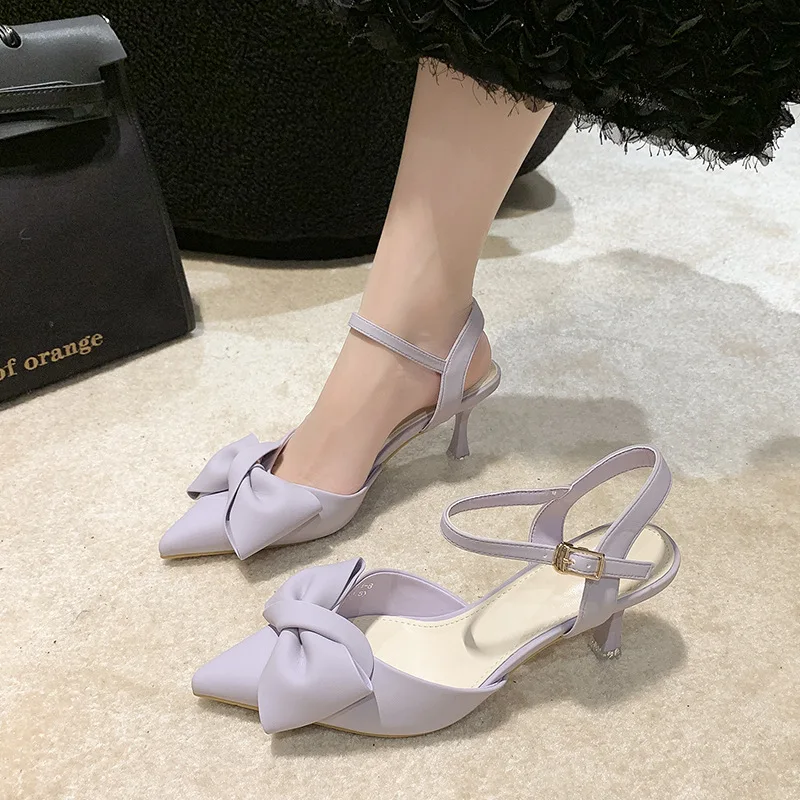 Baotou Sandals Women's  New Bow Stiletto Temperament with Skirt Pointed Toe French Line with High Heels