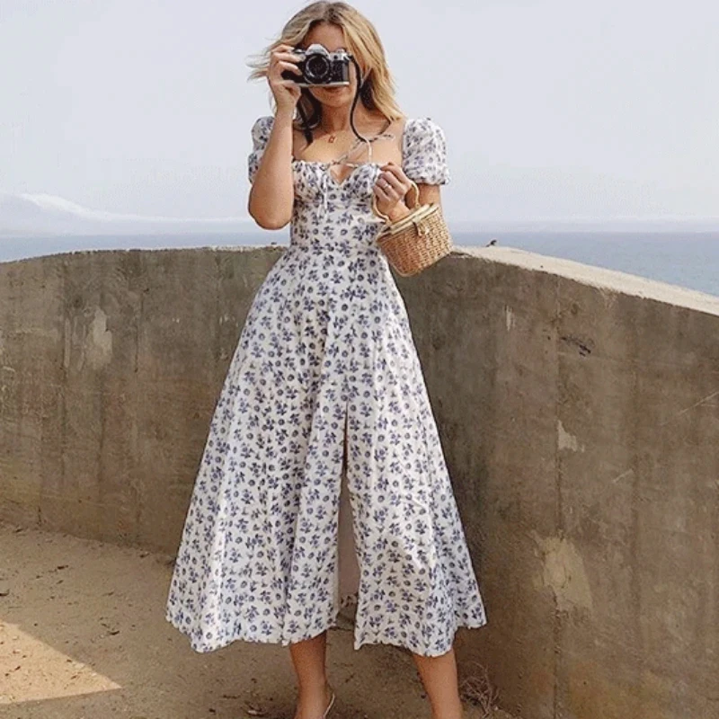 2025 Summer Sweet Ruffle Dress Vintage Floral Printed Dressess for Women French Elegant Square Collar Backless Dress 20472 - Image 4