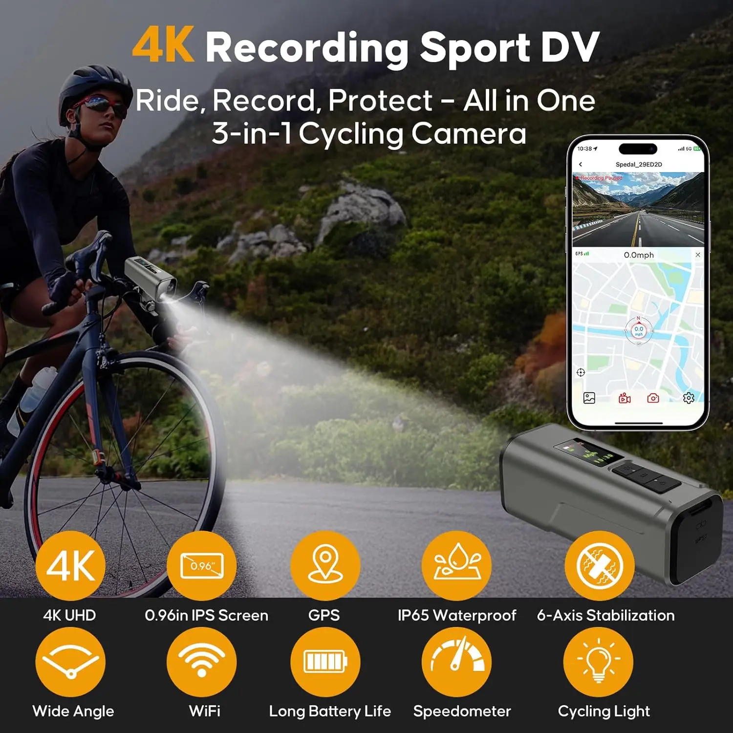 4K GPS Bike Camera with Headlight  Cycling Computer & Speedometer Sport Action DV 64GB, APP Control, IP65 Waterproof