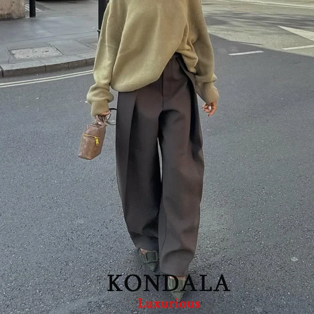 KONDALA Casual Chic Wide Leg Pants Women Office Lady Pockets Pleated Long Trousers Fashion 2026 Spring Summer Streetwear Pants