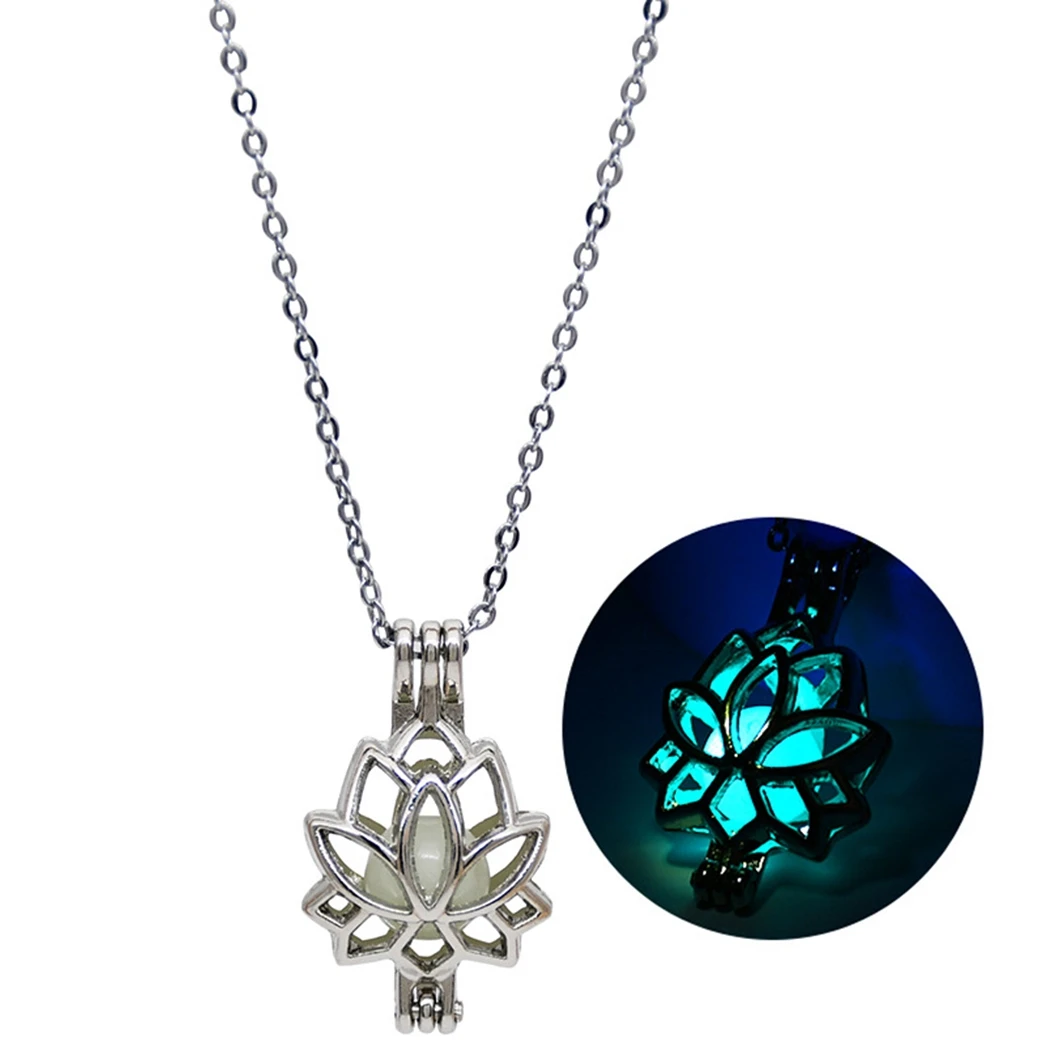 

Fashion Charm Luminous Glowing In The Dark Moon Lotus Flower Shaped Pendant Necklace For Women Yoga Prayer Buddhism Jewelry Gift