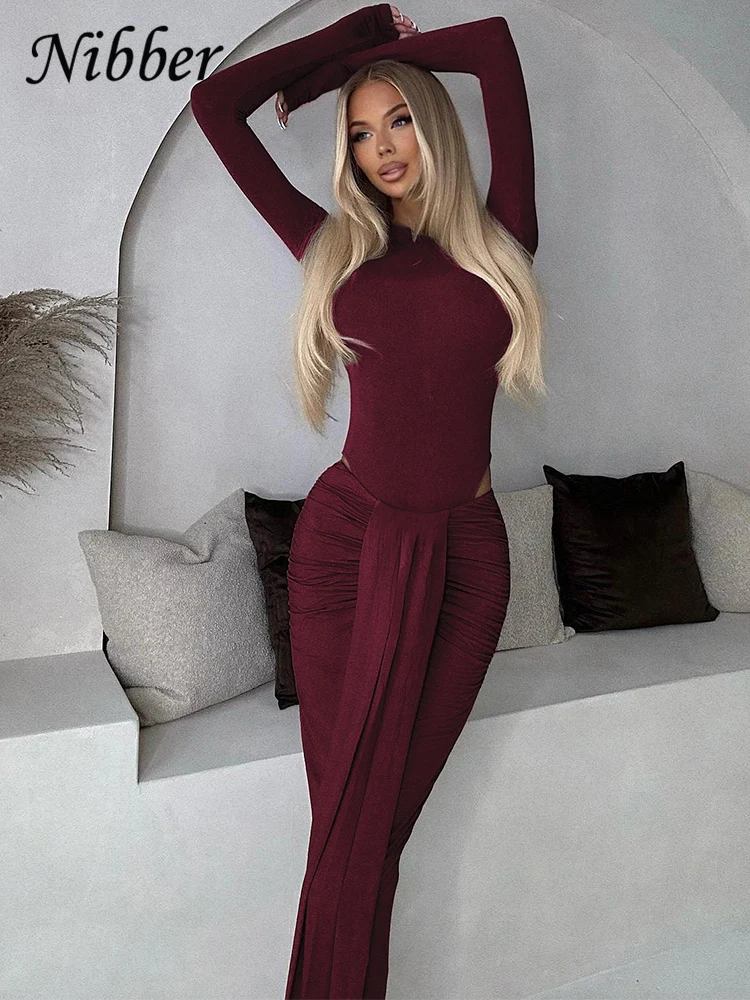 Nibber Casual Elegant Women 2 Piece Set Solid O-Neck Full Sleeve Bodysuit+Pleats Tassel Skinny Skirts Matching Hipster Suits