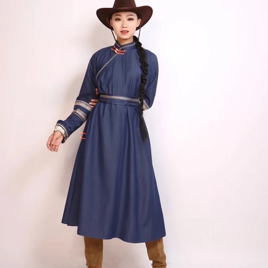 Ulan Bator Trend Denim Mongolia Popular Diagonal Collar Robe Dress Long Sleeves Traditional Women's Mongolian Blue Gown TP013
