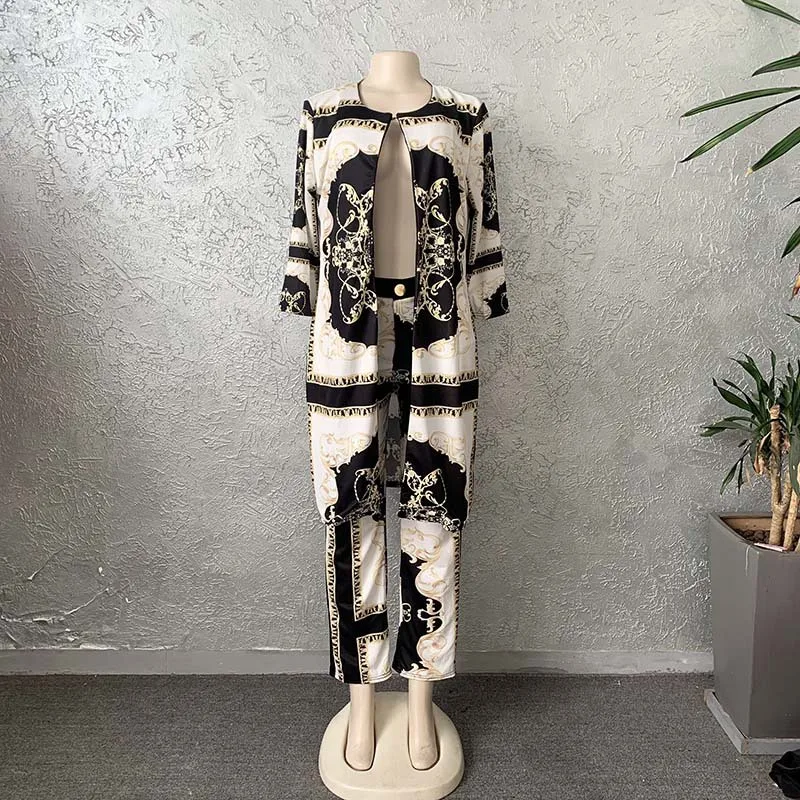 African Dresses For Women Abaya Turkey Office Lady Outfits African Clothes Print Jacket Coat and Long Pants Suits Tracksuit Fema