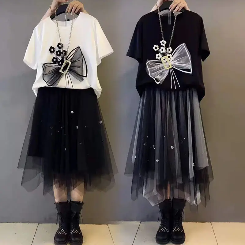 Summer New Loose Print T-shirt Hollow Lace Mesh Pleated Skirt Two Piece Beach Casual Holiday Dress Elegant Women's Party Dress