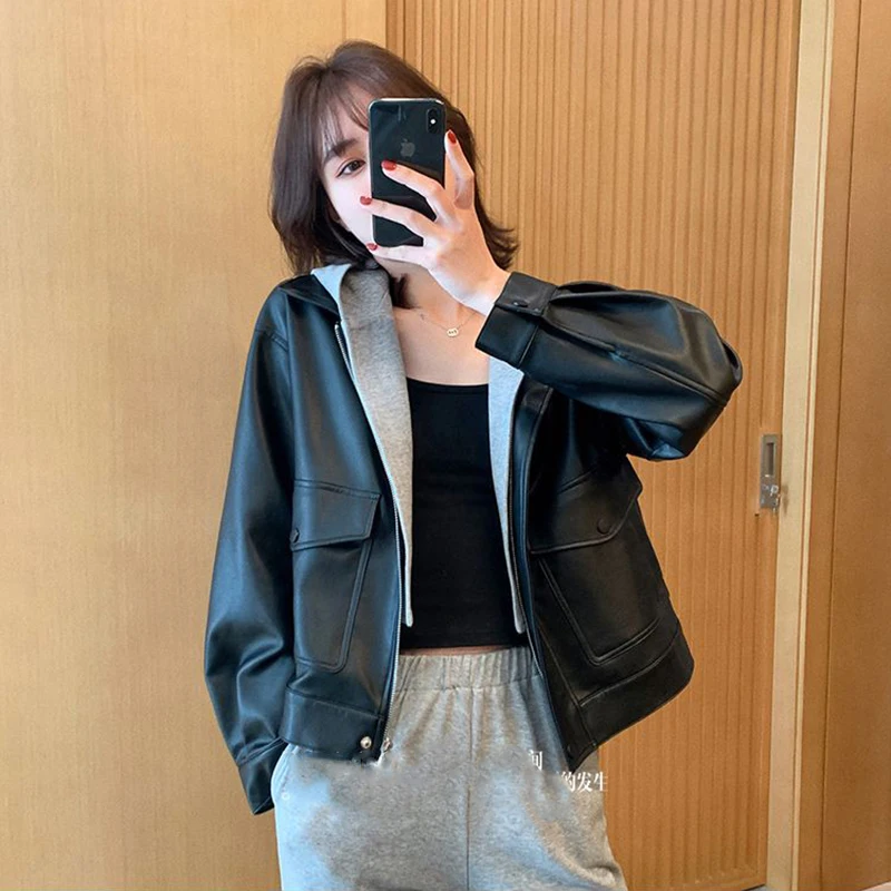 

Faux 2 Piece PU Leather Jacket Women High Street Moto Biker Hooded Coats BF Punk Short Design Casual Cropped Outerwear 2023