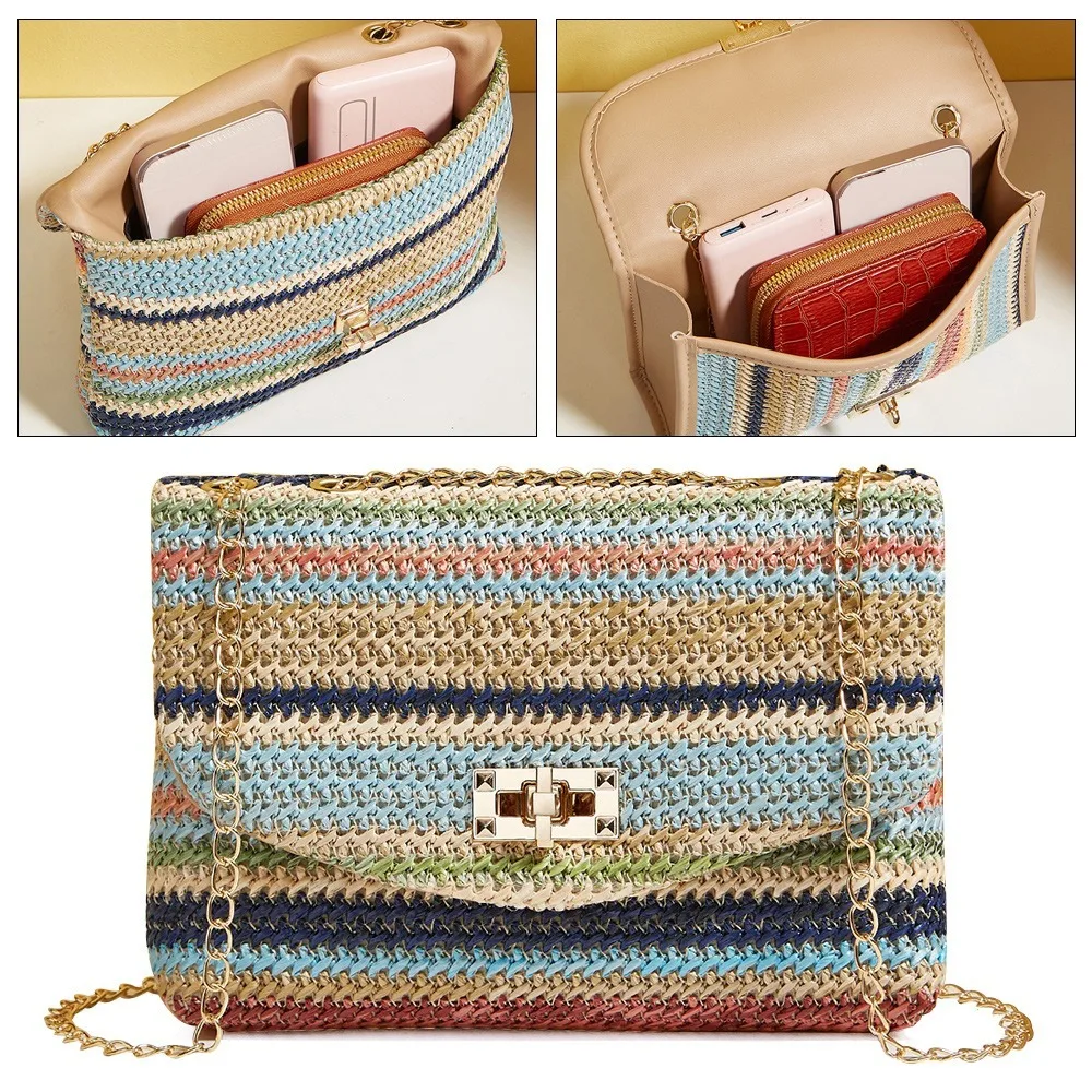 

Радужная плетеная пляжная сумка, Повседневная Мягкая Сумка-конверт в праздничном стиле, простая сумка-кошелек через плечо для женщин