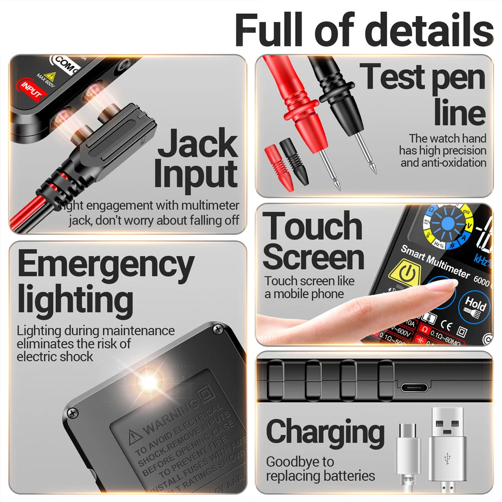 615 Multimeter Digital Smart Touch Screen 6000 Count AC/DC Current Voltage NCV Diode Lithium Battery Charging Tester Tools