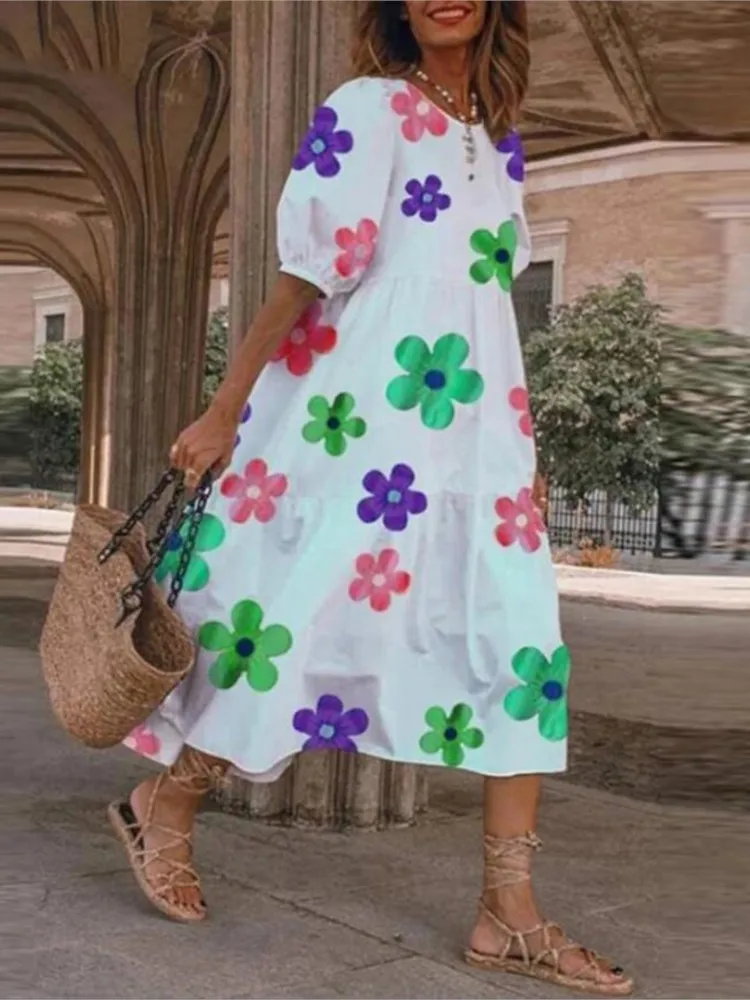 2025 Summer New Women's Print Dress Puff Short Sleeves Ruffles Loose A-line Midi Dresses Fashion Casual Beach Vacation Vestidos 1 2025 Summer New Women's Print Dress Puff Short Sleeves Ruffles Loose A-line Midi Dresses Fashion Casual Beach Vacation Vestidos