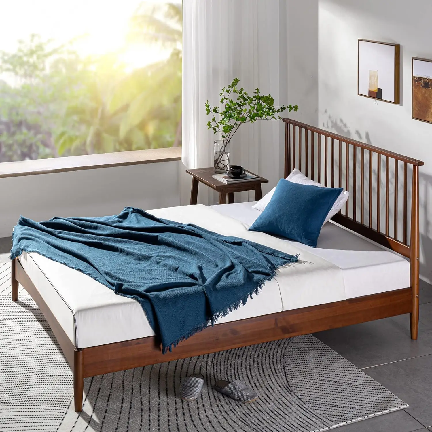 Linda Mid Century Wood Platform Bed Frame, Solid Wood Foundation, Wood Slat Support, No Box Spring Needed,Brown 4
