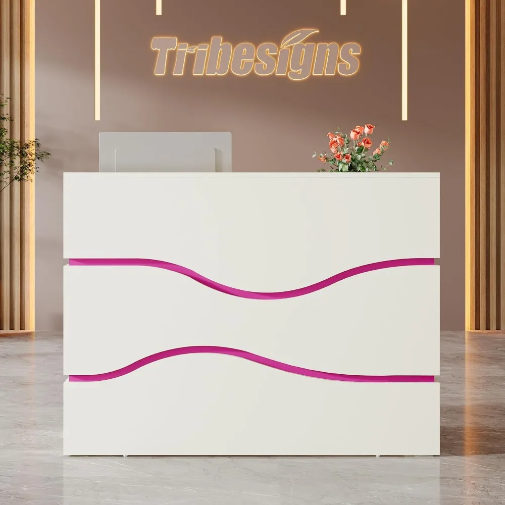 Modern Reception Desk LED Lights, 55.12-Inch Modern Front Desk Reception Counter, Checkout Counter for Room, Lobby