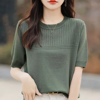 Women Sweater Short Sleeve Spring Summer O-neck Bottoming Shirts Casual Korean Knitted Pullovers Solid Loose Hollow Out Jumpers 1