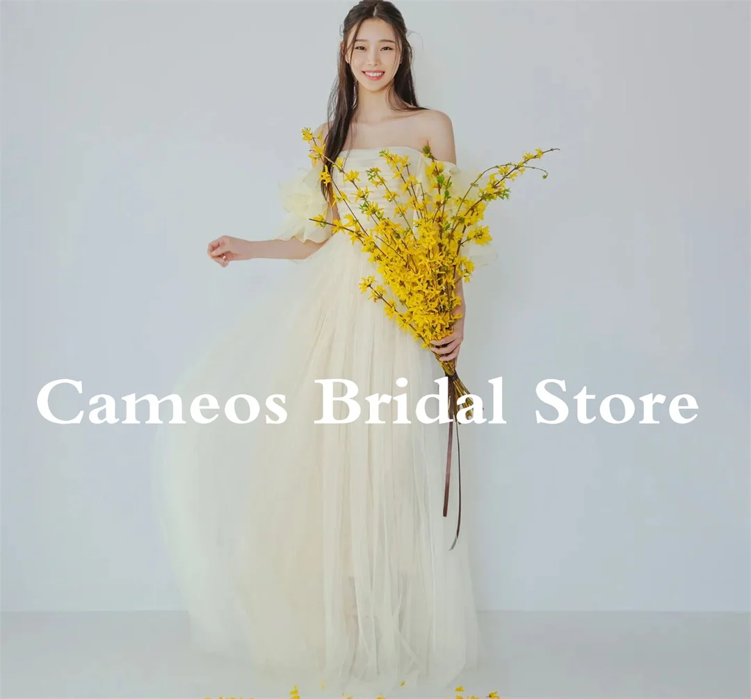 

SONDR Off Shoulder 드레스 Evening Dress Custom Made Tulle Korea A-Line Simple Yellow Formal Prom Dress Evening Gown Bridal