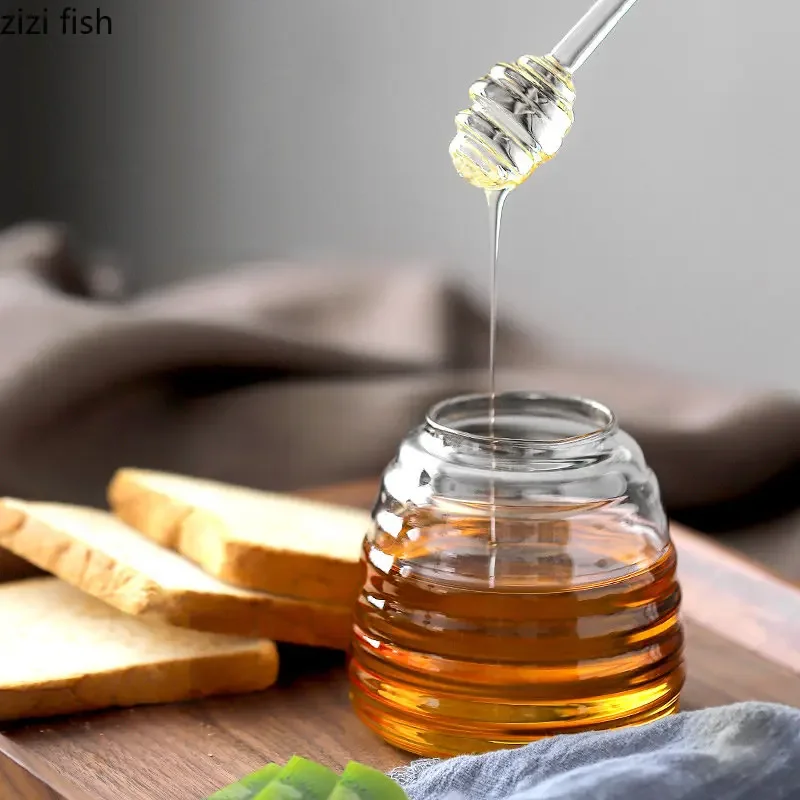 Honey Storage Container Glass Jar with Lid Transparent Jam Jar Creative Striped Glass Bottle Home Kitchen with Mixing Rod