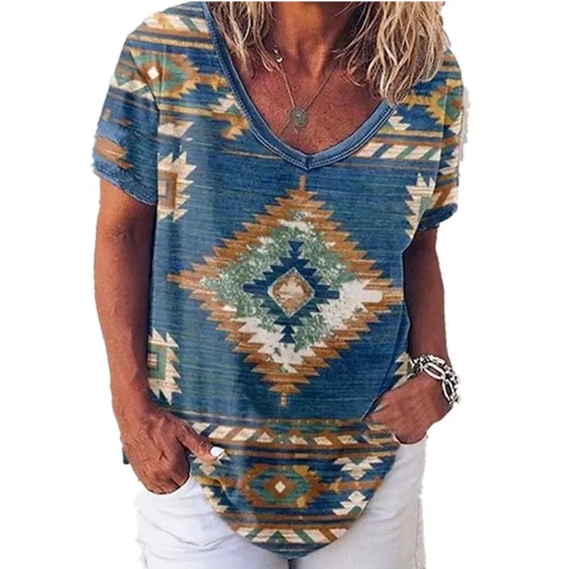 2022 Summer New Tribal Flower Mang Plant Print T-shirt Women's Short-sleeved V-neck Loose Top Women's Casual Pullover T-shirt summer crop top
