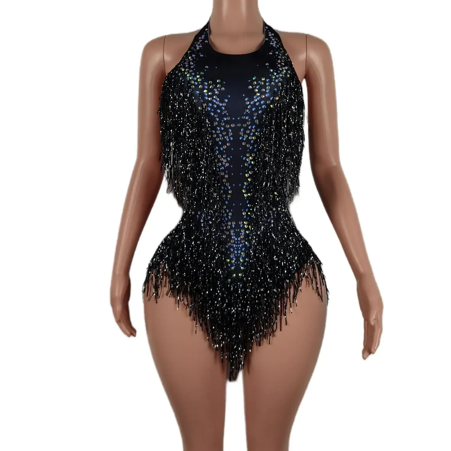 

Sparkly Black Crystal Tassel Bodysuit Women Sexy Club Outfit Fringe Dance Costume Lady One-piece Show Wear Singer Stage Leotard