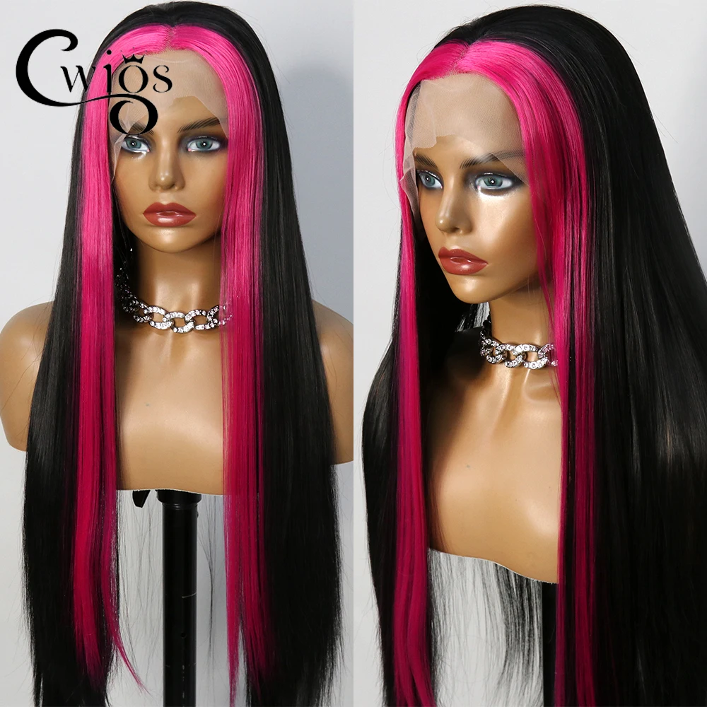 

Black long straight hair highlights both sides of rose red women's synthetic wig Ombre long straight hair daily use Cosplay part