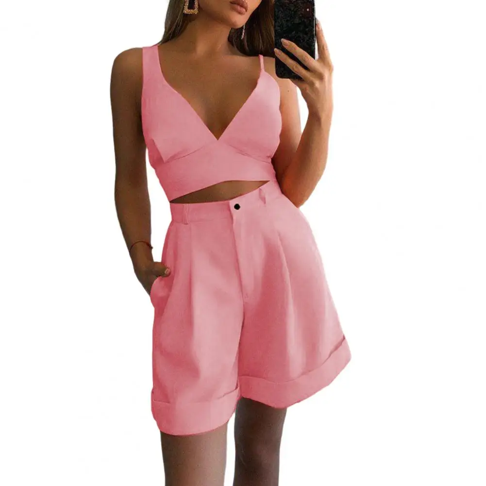 

1 Set Women Tracksuit Solid Color Sleeveless V-Neck High Waist Fitness Short Pants with Tank Top Women'S Clothing Two-Piece Set