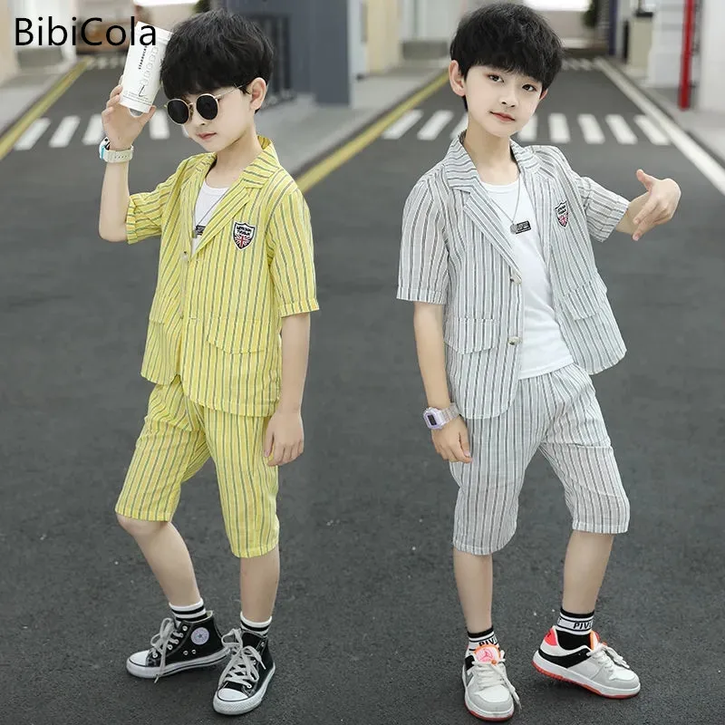 

4-10 Years teen boy Summer casual Suit Korean version of the trend of 3pcs fashion short sleeve striped jacket + vest + shorts
