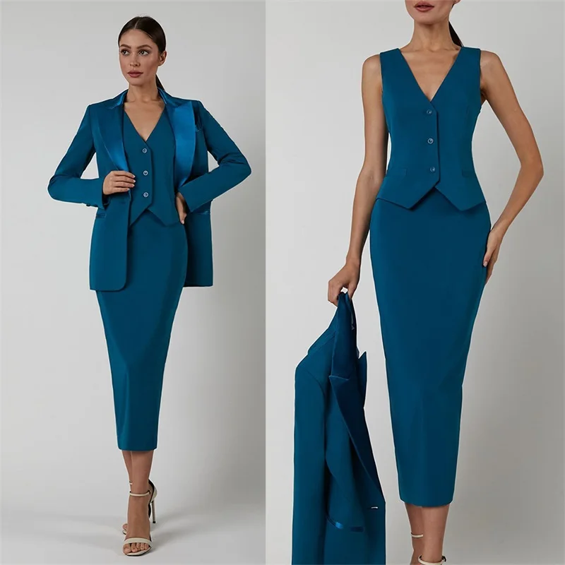 

Designer 3 Pcs Women Suits Skirt Set Blazer+Vest+Prom Dress Satin Lapel Business Office Lady Formal Ankle Length Custom Made