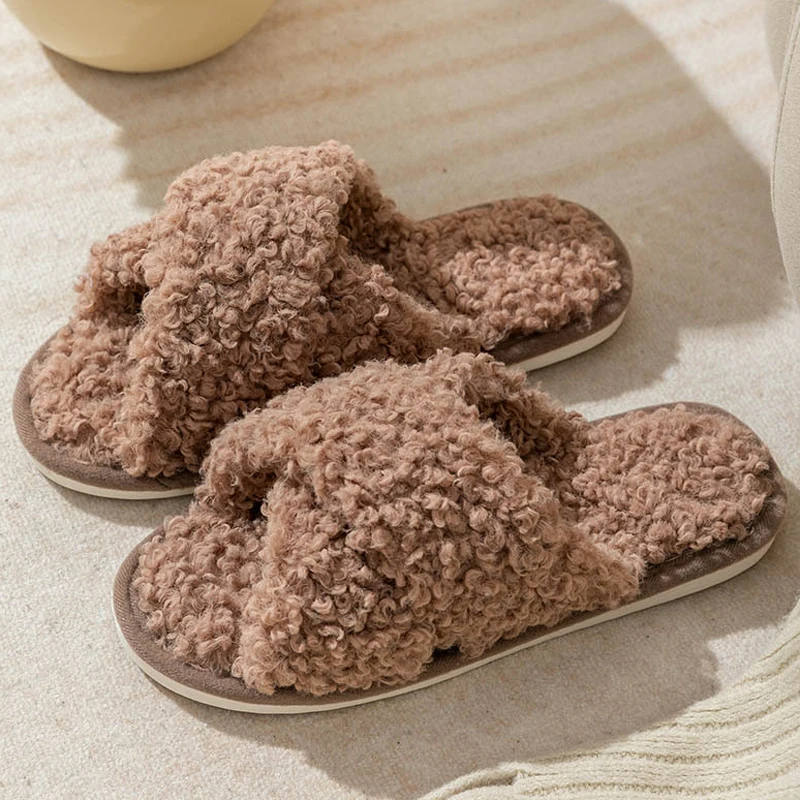 Open Toe Fuzzy Slippers for Women, Grey Plain House Shoes Home Sandals  Slides Comfy Anti-Slip