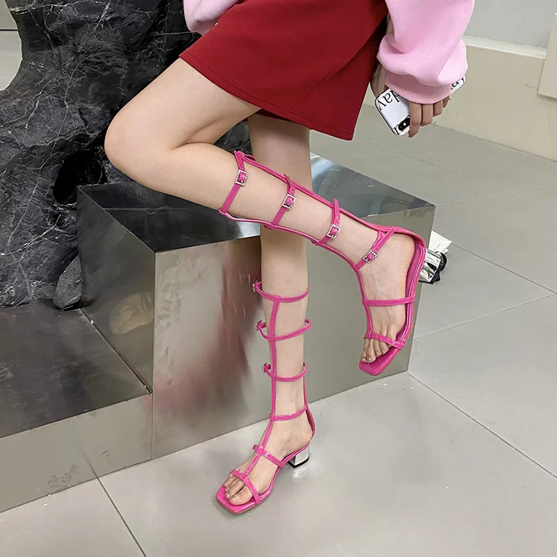 

Roman Sandal Boots 2024 Square Head Open Toe Thin Strap Chunky Heel Summer Sandalias Mujer Fashion High Heel Hollow Women Shoes